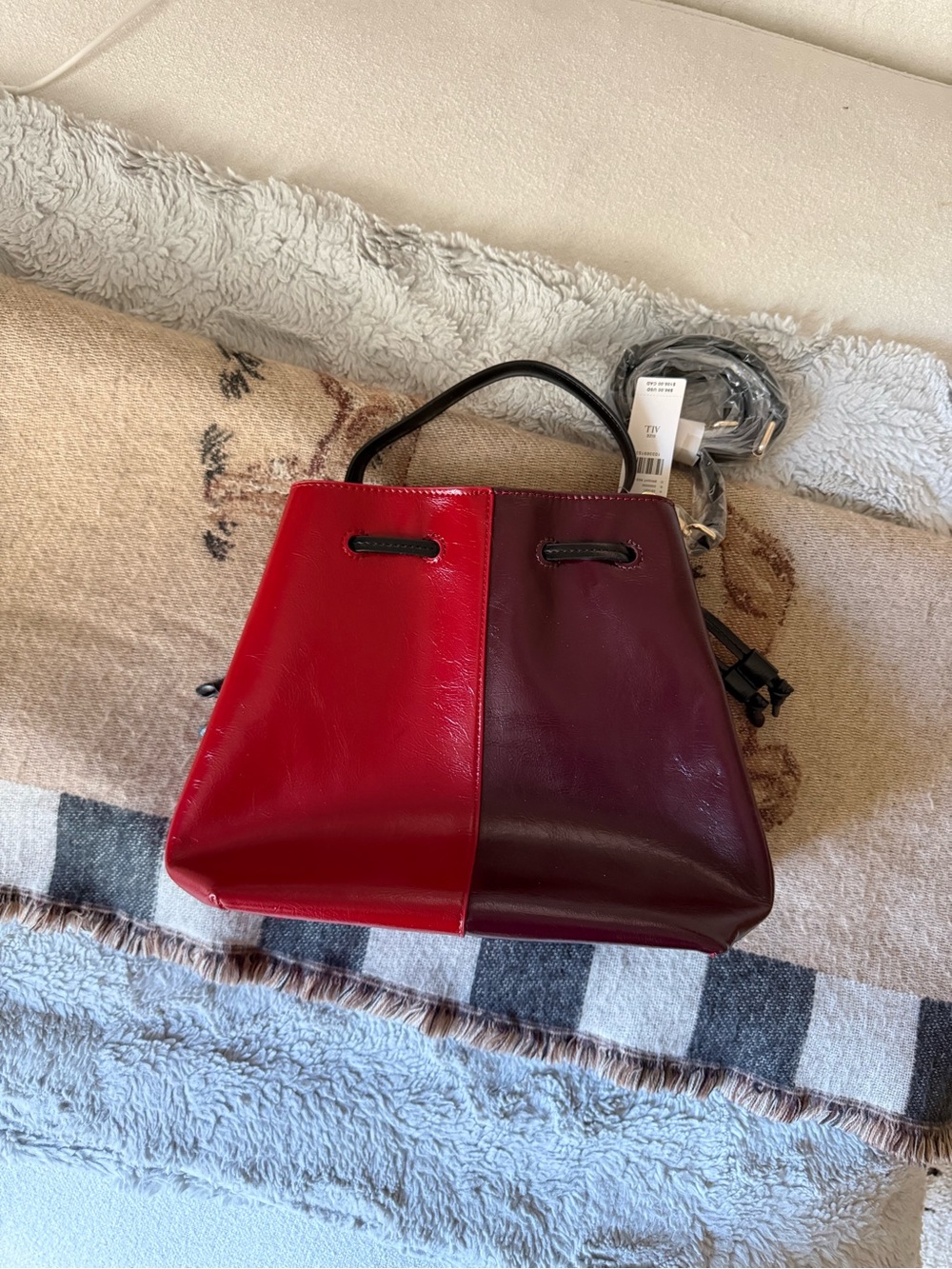 Anthropologie Two-Tone Red and Burgundy Cinched Bucket Bag